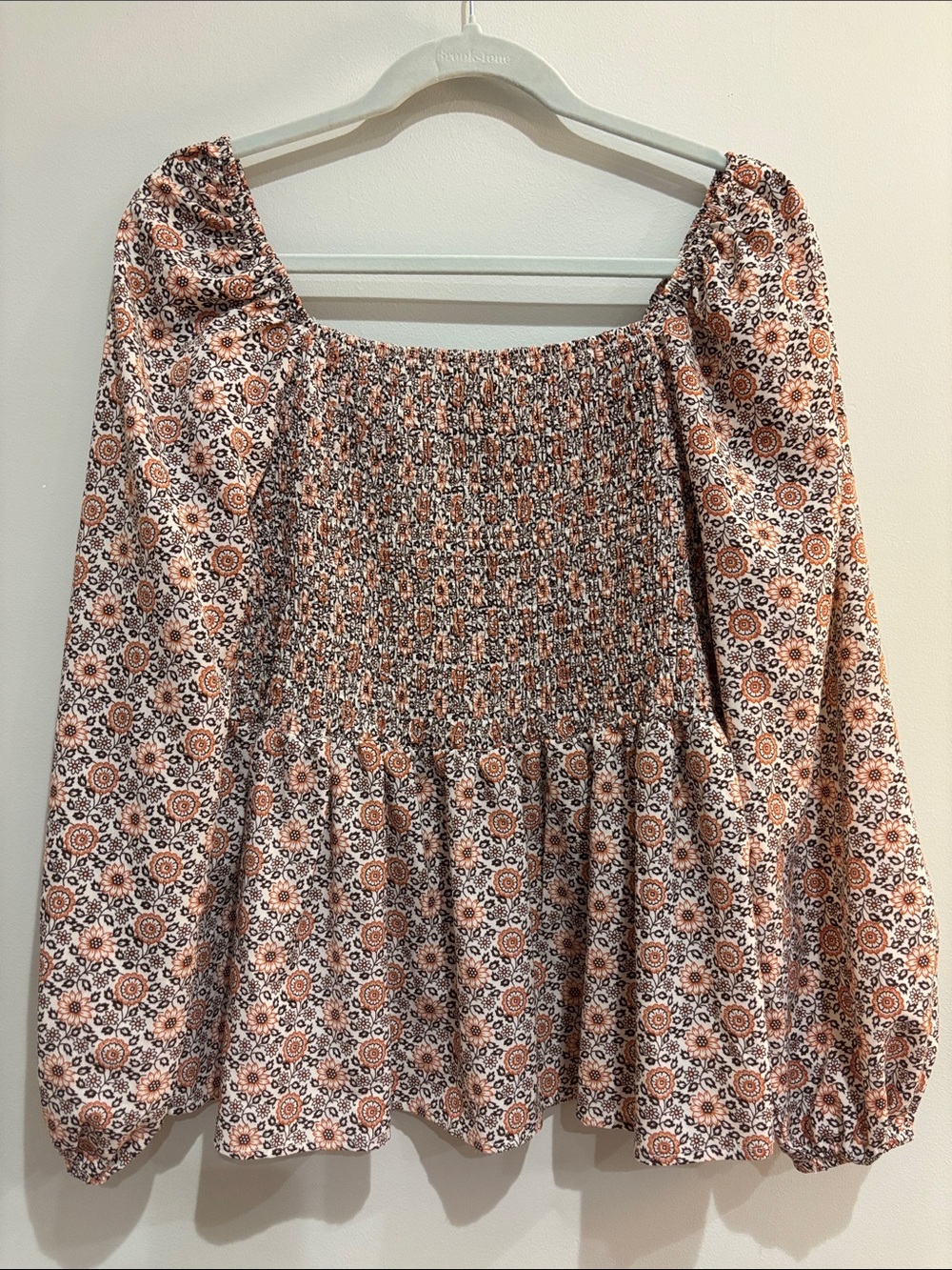 Three Bird Nest Boho Smoked Peplum Peasant Blouse Small Floral Puff Sleeve